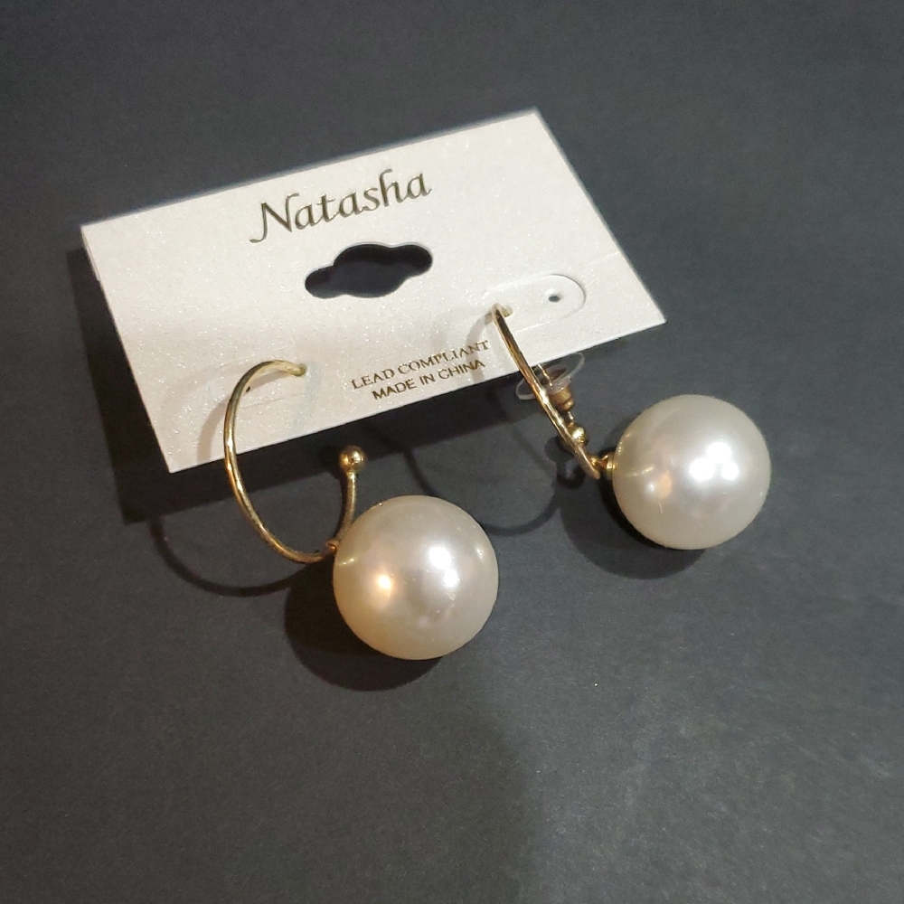 Natasha couture gold plated half hoop oversized pearl globe ball dangle earrings